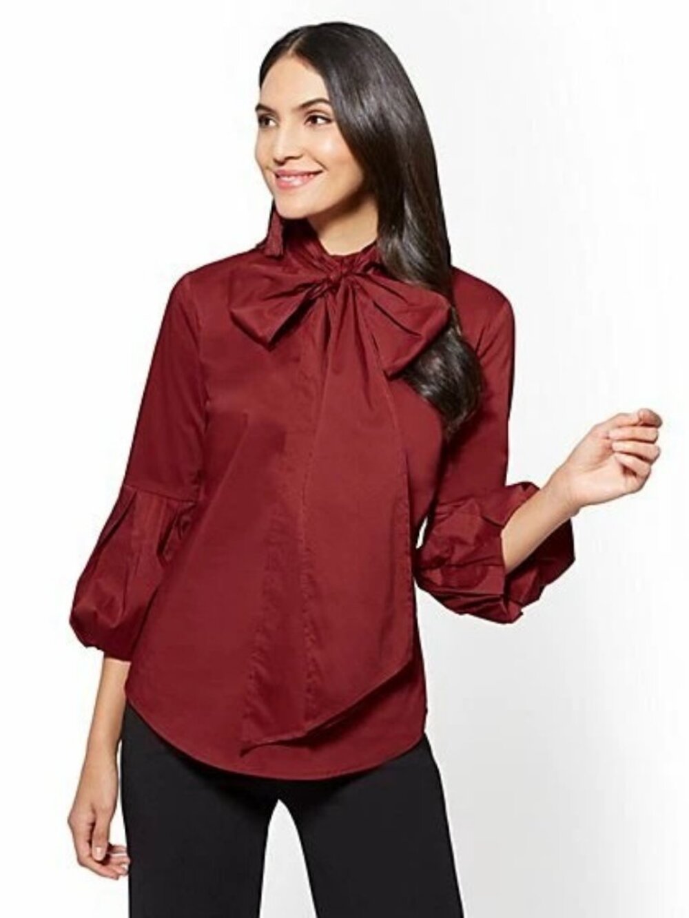 New York & Company Ruffled-Sleeve Tie-Detail Poplin Shirt, size XS